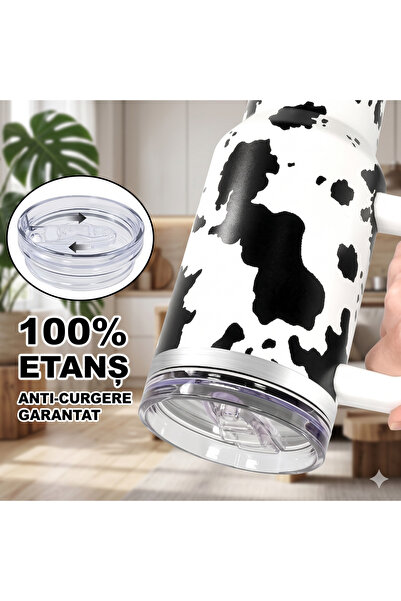 fecbk Cană Termică FECBK, 1.2l (40 oz), cu Pai și Mâner, Oțel Inoxidabil, Perete Dublu, 100% Etanș, Imprimeu Vacă (Cow Print), Alb/Negru