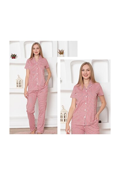 Arya Nisa Kids Red-White Striped Short Sleeve 100% Cotton Women's Pajama Set