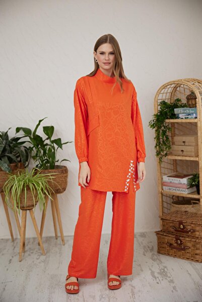 Moodbasic Yırtmacı Taşlı Pamuklu Takım - Oranj