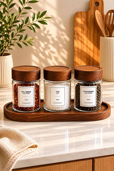 NEWNOW 3-Piece Glass Spice Jar Set – Acacia Lid, Wooden Stand, Salt and Spice...