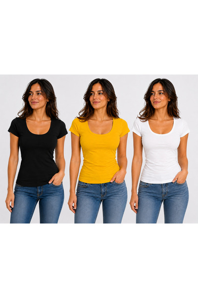 YAXİ SET DE 3 BODYURI CU GULER ROTUND - NEGRU GALBEN ALB