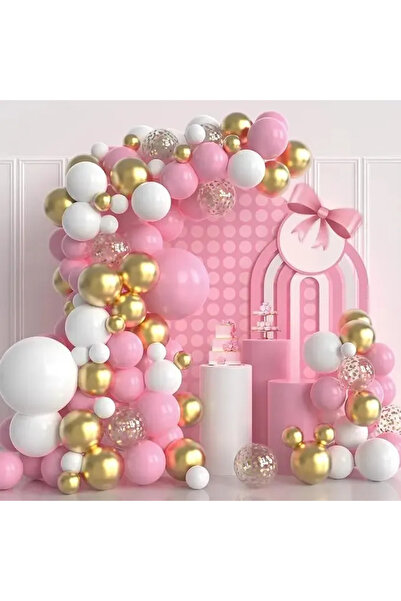 Baloane Vesele Pink and White Birthday Balloon Arch Set 100 Pieces with Gold ...