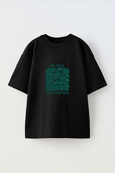 Anetos Tricou oversize negru din bumbac cu imprimeu frontal No Rain Flowers D...
