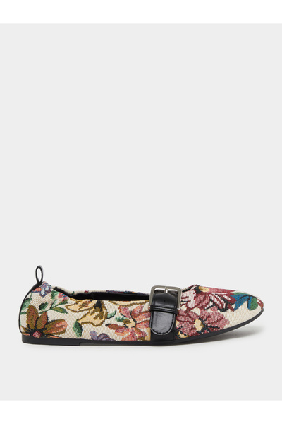Styli Beige Jacquard Floral Ballerina