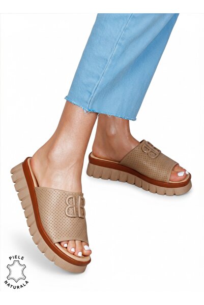 ANGEL BLUE Women's Slipper Made of Genuine Leather with Perforated Details an...