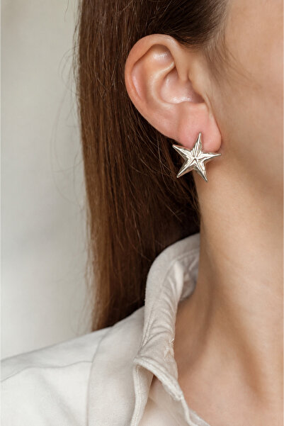 Markiz Takı Silver Color Textured Star Earrings Pair 2.2cm