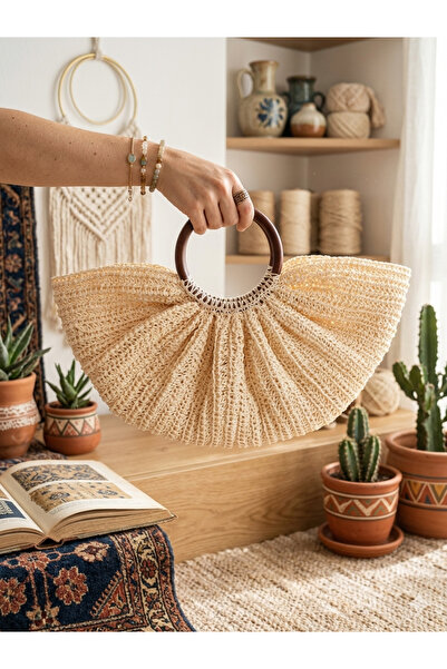 La Creafile Bambu Saplı El Örgüsü Rafya El Çantası - Krem rengi Boho Stil