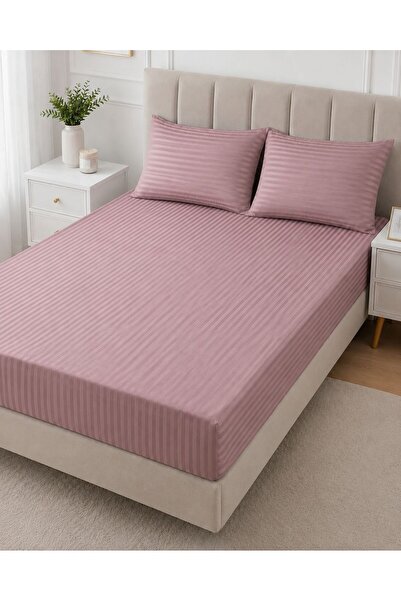 Sares Home Set de lenjerie de pat dublă din bumbac, culoare prună, cu dungi (...