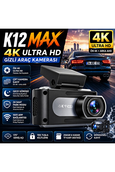 CONION K12 MAX 4K Araç İçi Kamera WiFi Destekli, Ön Arka Çift Kameralı, Gece ...