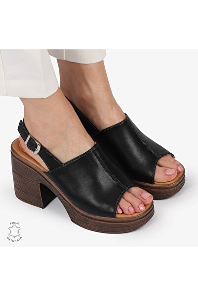 ANGEL BLUE Sandale DAMA DIN PIELE NATURALA CU TOC GROS CRL1409 NEGRU