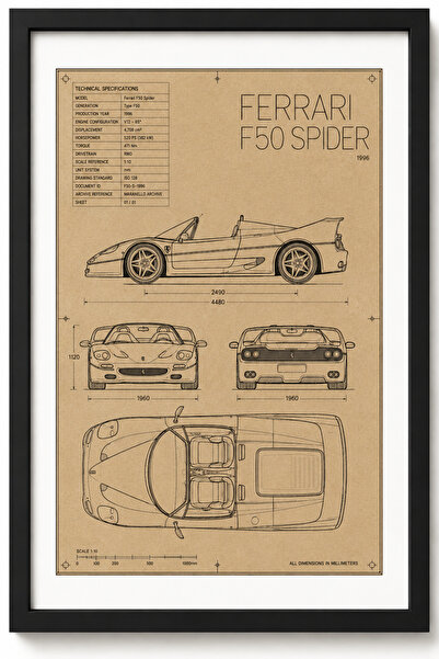 FERRARI F50 SPIDER Blueprint Line Art | Limited Edition A3 |