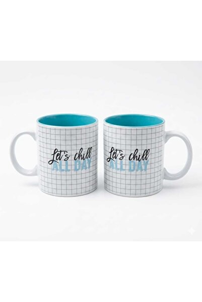 OEM Top Bottom Set of 2 Ceramic Mugs "Good Vibes Only", Black/Turquoise Inter...