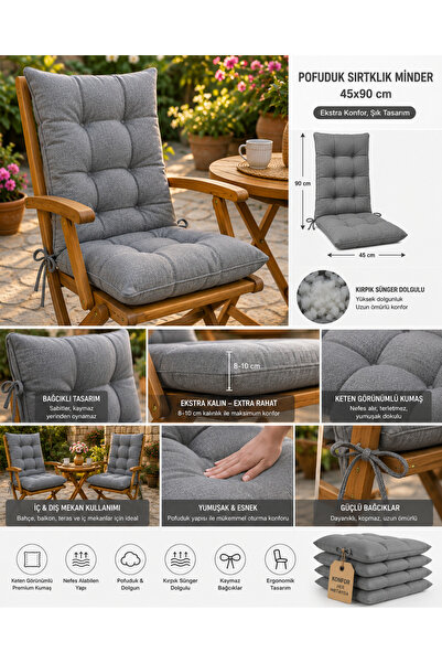 EVZEN HOME nuriş gri renkli 45*90 cm sandelye minderi pufidik bağcıklı konfor...