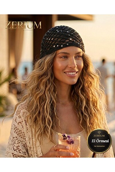 ZERİUM Handmade Women's Knitted Bohemian Mesh Summer Beanie Hat with Sequins ...