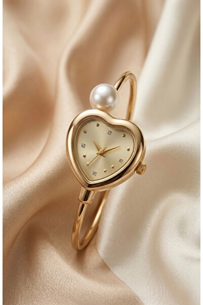 KLISHE Butik Women's Steel Watch Gold Color Heart Case Pearl Detailed Vintage...