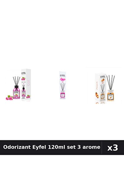 Eyfel Set 3 Odorizant Cameră cu Betișoare 120ml - Trandafir, Bubble Gum, Pier...