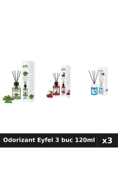 Eyfel Set 3 Odorizante Camera cu Betisoare - Cireșe, Cool Water, Pin și Mentă...