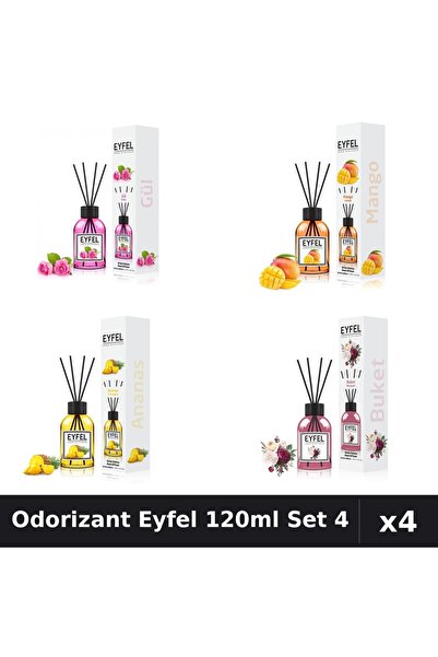 Eyfel Set 4 Odorizant Cameră cu Betisoare 120ml - Trandafir, Mango, Ananas, B...