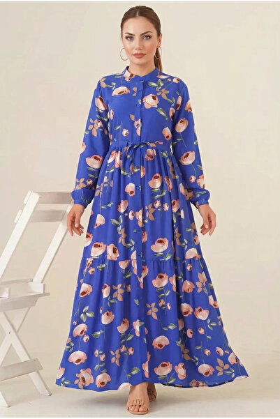 buğrahayalin Women's High Collar Gathered Waist Buttoned Floral Patterned Vis...