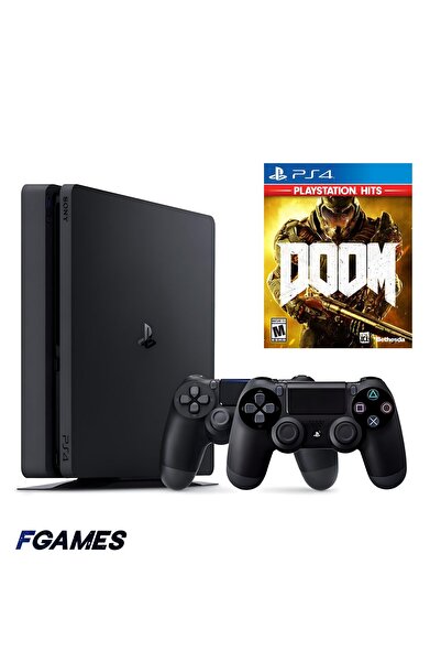 Sony Consola Playstation 4 Slim Ps4 500gb + Două controlere + Doom (2016) Pla...