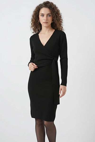 buğrahayalin Women's Double Breasted Collar Belted Knitwear Black Dress