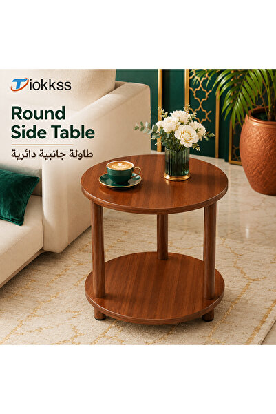Tiokkss طاولة جانبية خشبية مستديرة من طبقتين، طاولة جانبية مدمجة للأريكة مع ر...