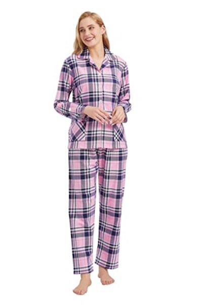 Global Set de pijamale pentru femei, Finet, Bumbac, Carouri roz, Mărimea XL, ...