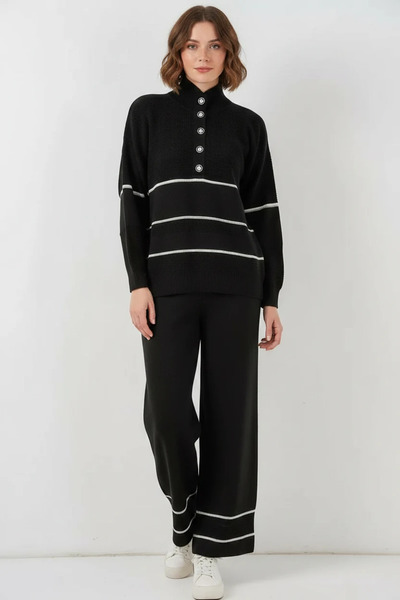 buğrahayalin Women's High Collar Oversize Striped Knitwear Black Two-Piece Set