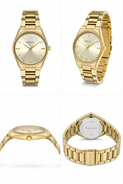 Ferrucci Gold Color Geometric Case Metal Cord Women Wrist Watch