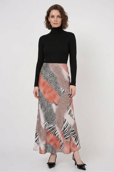 buğrahayalin Women's Patterned Satin Orange Skirt