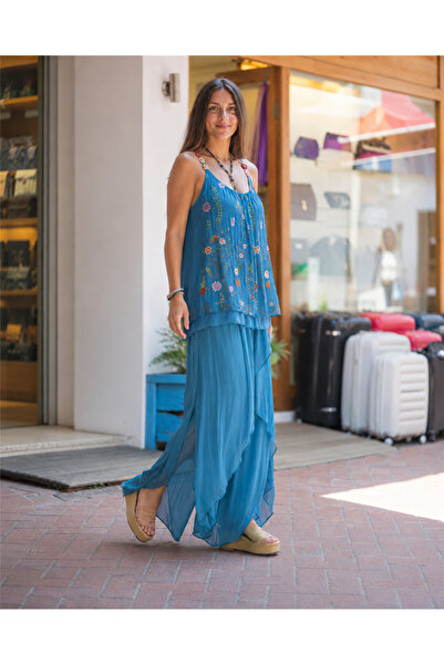 Miss Boheme Turquoise Color Italian Silk Trousers Blouse Set