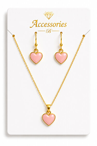 MakeWell Pink White Red Heart Figured Gold Necklace and Earrings Jewelry Set ...