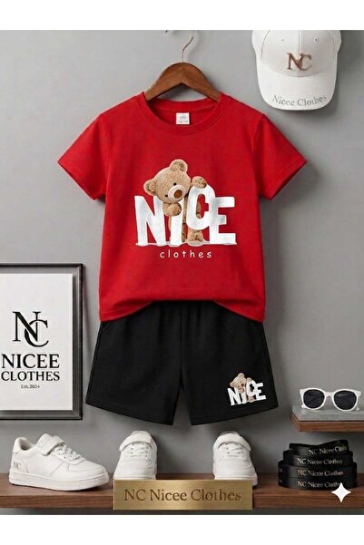 NC Nicee Clothes Summer Children's T-Shirt Shorts Unisex (White Nicee Bear Pr...