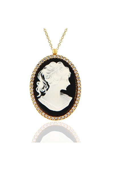 MetronGold Κολιέ Γυναικείο Cameo Black Κίτρινο Χρυσό με Ζιργκόν άσπρα ?