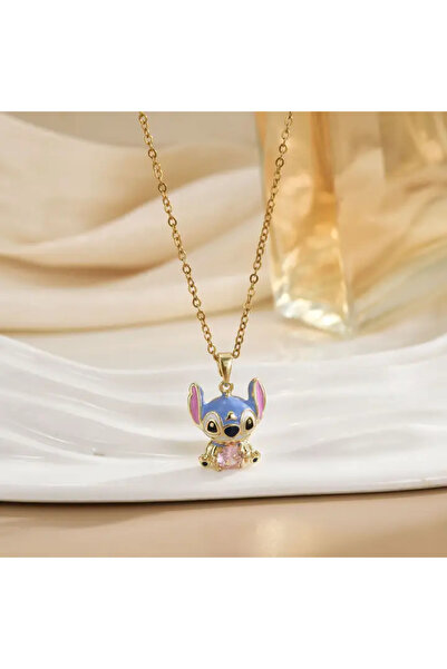 FİAK Stitch Figürlü Zirkon Taşlı 18 Ayar Altın Kaplama Bakır Kolye Şık Hediye...