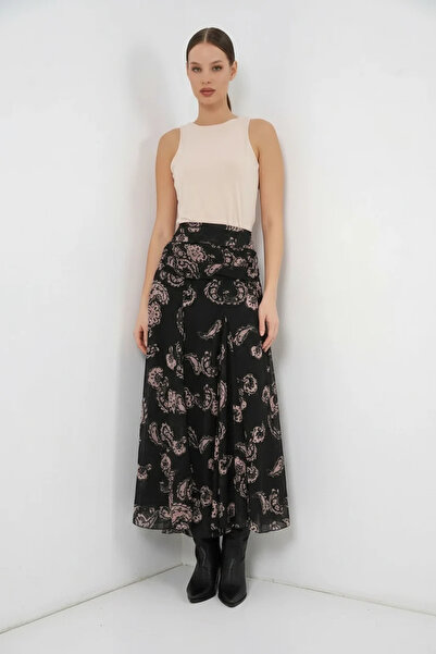 Efnaz style Women's High Waist Patterned Chiffon Black Skirt