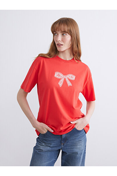 LC Waikiki Nevavm Women's 100% Cotton T-Shirt with Bow Print