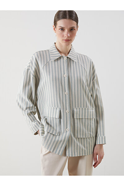LC Waikiki Nevavm Striped Oversize Linen Blend Women's Shirt Jacket with a Di...