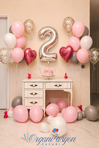 Organizasyon Pazarı Silver Number 2 Age Balloon Set Pink Heart White Transpar...