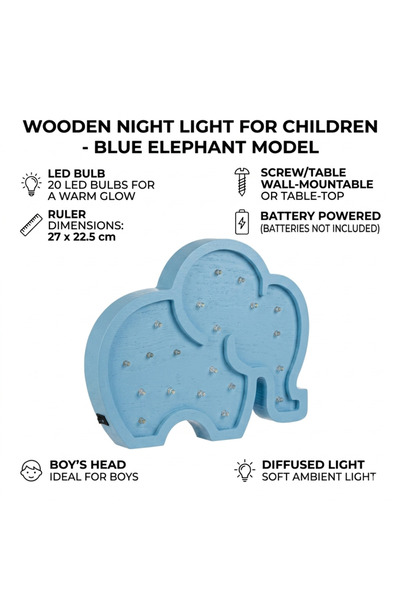 HYVESTO Lampa de Veghe din Lemn pentru Copii HYVESTO, Model Elefant Bleu, 20 ...