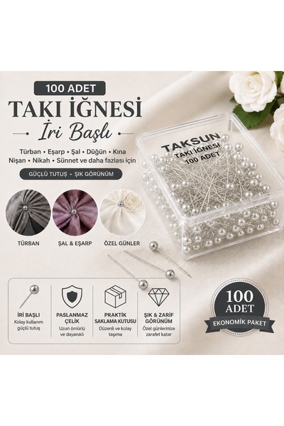 Taksun 100 Adet İri Başlı Takı İğnesi Türban Eşarp Şal Düğün Kına Nişan Nikah...
