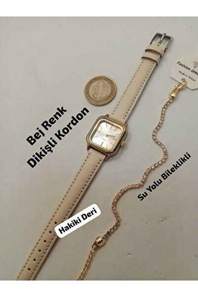 Brality Vintage Design Model, Gold Color Case, Silver Color Dial, Genuine Lea...