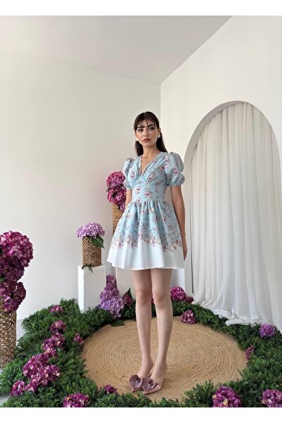 Caddebostan Moda Short Sleeve V-Neck Floral Print Cinched Waist Summer Mini D...