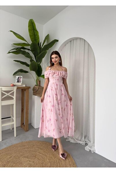 Caddebostan Moda Strappy Ruffle Floral Print Chiffon Long Dress - Dress with ...