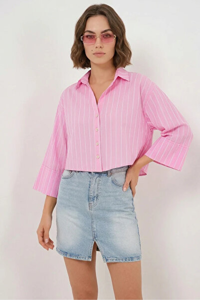 Generic Brand Women's Oversize Striped Viscose Pink Shirt