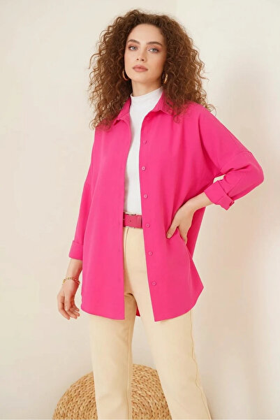 buğrahayalin Women's Oversize Cut Basic Cotton Dark Pink Hijab Shirt