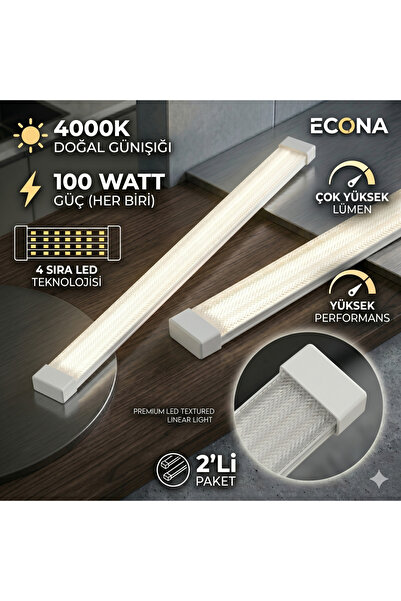 ECONA 2 ADET 100W Kristal Camlı Yatay Bant Armatür 120 cm 4 Sıra LED'li Çok Y...