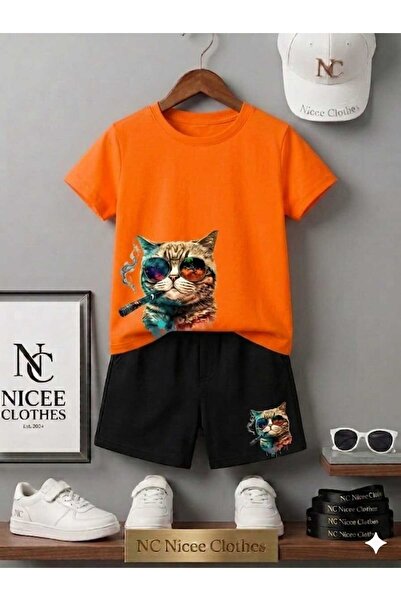 NC Nicee Clothes Summer Children's T-Shirt Shorts Unisex (Cat Print with Glas...