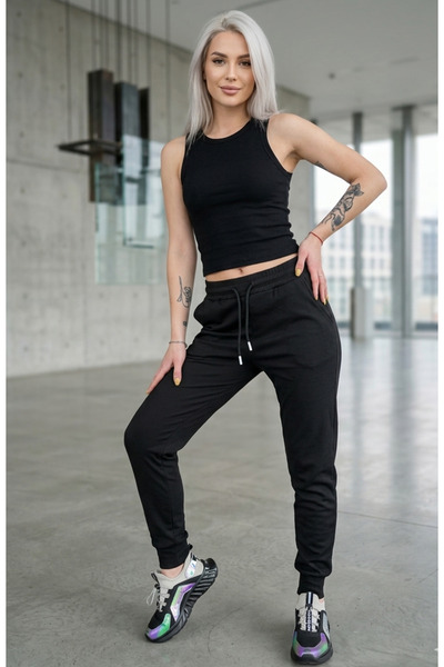 ILG Joggeri negri tricotati reiati cu șnur cu vârf metalic – Pantaloni de tre...