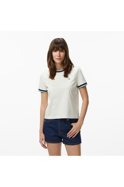 Calvin Klein Monogram Stripe Kadın Beyaz T-Shirt
